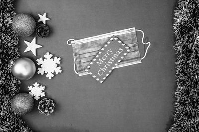 High angle view of christmas decorations on table