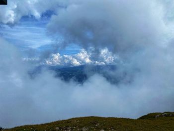 Scenic view of volcanic mountain against sky