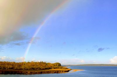 Scenic view of rainbow over sea against sky