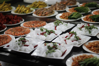 High angle view of food served on table