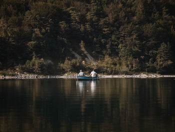 Scenic view of lake against trees in forest