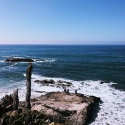 Scenic view of seascape against clear blue sky