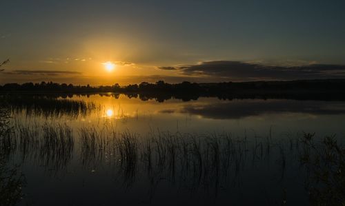 Scenic view of lake against sky during sunset