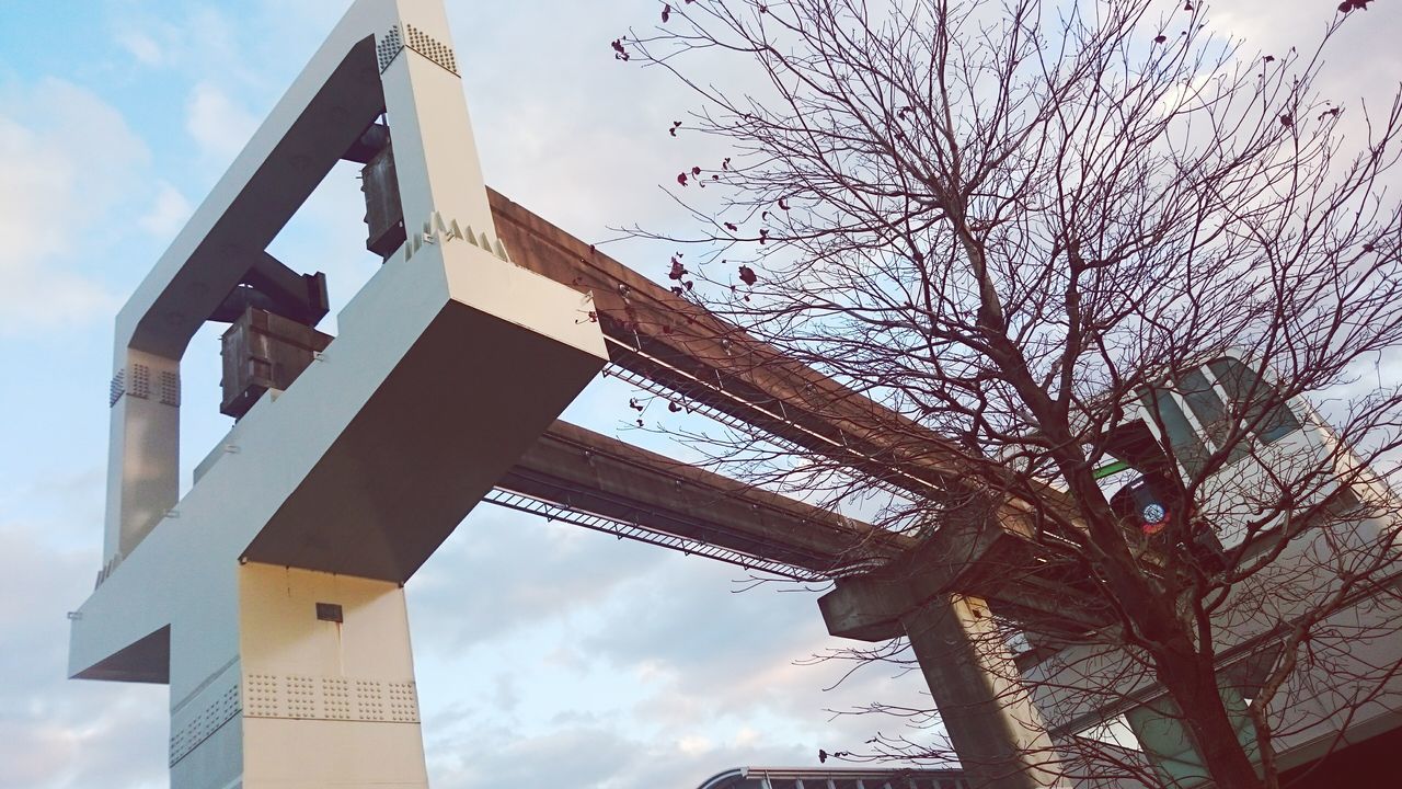 architecture, built structure, low angle view, building exterior, sky, tree, cloud - sky, city, cloud, tower, bare tree, building, sunlight, no people, outdoors, tall - high, day, branch, cloudy, architectural feature