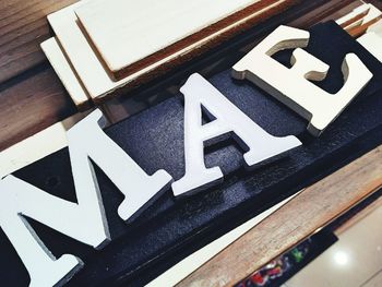 Close-up of text on table