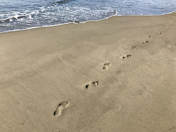 High angle view of footprints on sand at beach