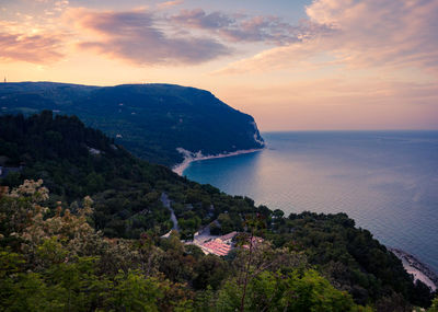 High angle view of sea against sky during sunset