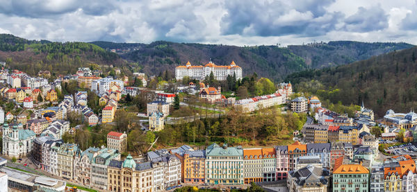 Panoramic view of karlovy vary city center from hill, czech republic