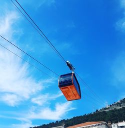 Low angle view of overhead cable car against sky