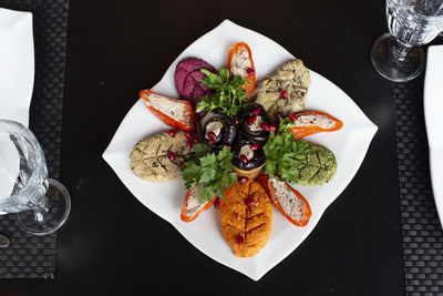 High angle view of meal served on table