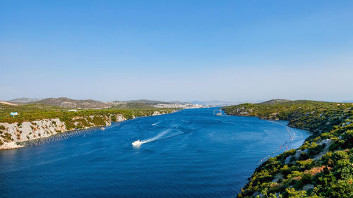High angle view of beautiful blue water in sea channel. sibenik, croatia.