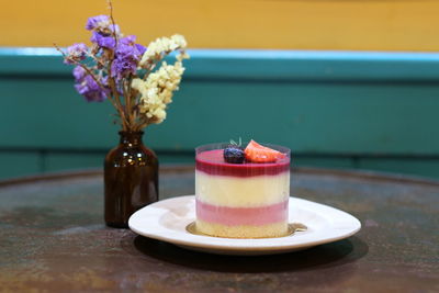 Close-up of dessert served on table