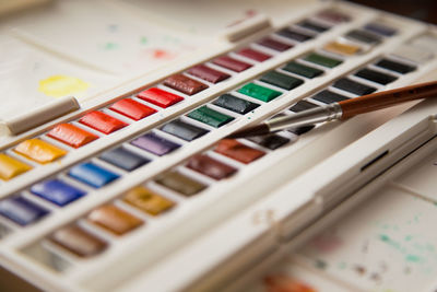 High angle view of multi colored pencils on table
