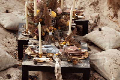 High angle view of candles on table