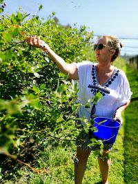 Rear view of woman standing in vineyard against sky