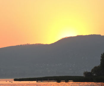 Scenic view of landscape against clear sky during sunset