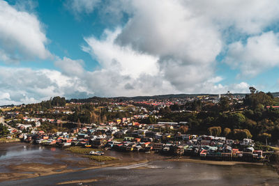 High angle view of townscape against sky