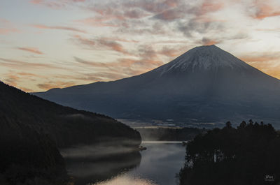 Scenic view of lake against cloudy sky during sunset
