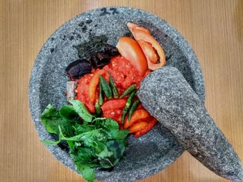 High angle view of food in plate