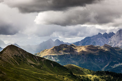 Scenic view of mountains against cloudy sky