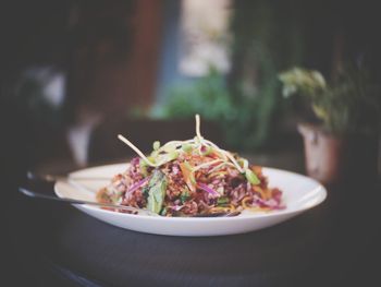 Close-up of meal served on table