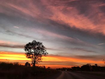 Silhouette trees on field against romantic sky at sunset