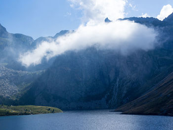 Scenic view of lake and mountains against sky