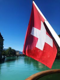 Red flag on built structure against clear blue sky