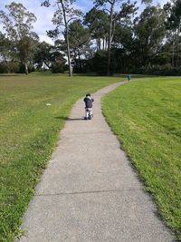 Rear view of child riding push scooter on footpath amidst grassy field at park