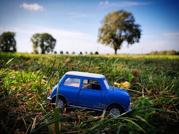 View of toy car on field