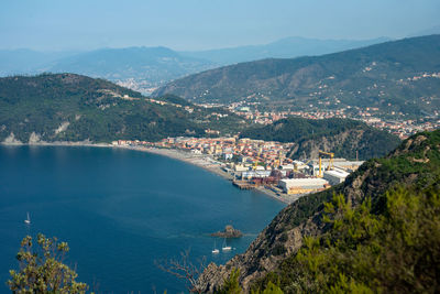 High angle view of townscape by sea