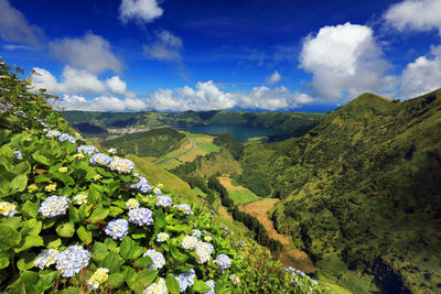 Scenic view of mountains against cloudy sky