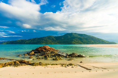 Scenic view of sea and mountains against sky