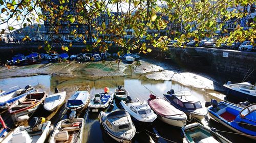 High angle view of boats moored in lake