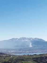 Scenic view of mountains against clear blue sky