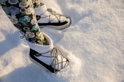 Low section of woman standing on snow