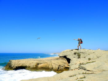 Man pointing at seagull while standing on rock by sea against sky