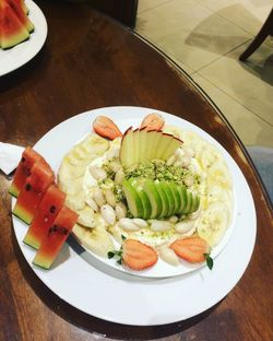 High angle view of food in plate on table