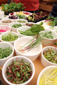 High angle view of salad in bowl on table