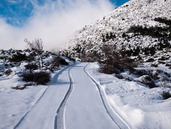 Road amidst snow covered trees against sky