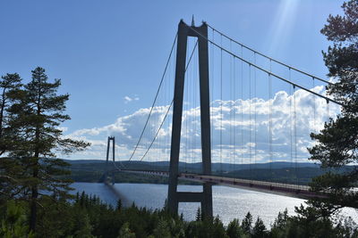 View of suspension bridge over river against sky