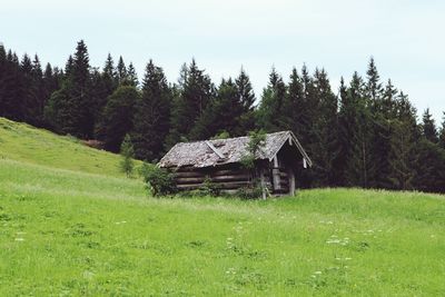 Wooden house on field by trees against sky