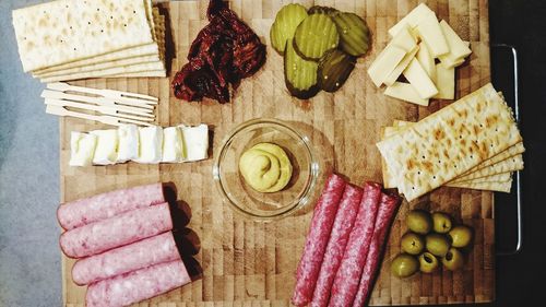 High angle view of fruits on cutting board