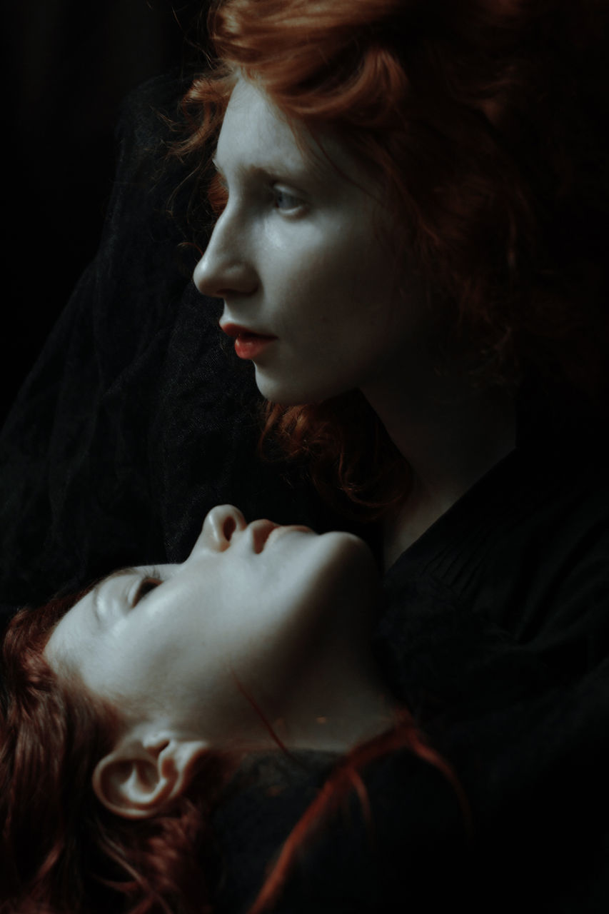 redhead, young adult, young women, one person, headshot, real people, black background, beautiful woman, indoors, close-up, day, people