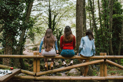 Back view of company of unrecognizable female friends sitting on wooden fence in forest and enjoying nature during summer vacation in valle del jerte