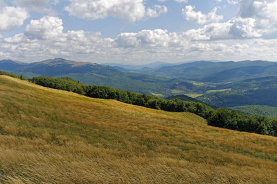 Scenic view of field and mountains against sky