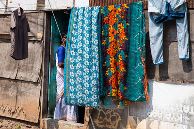 Rear view of clothes drying on clothesline