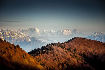 Scenic view of snowcapped mountains against sky