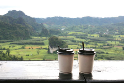 View of drinking glass on land against mountains