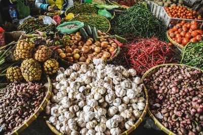 Top view of fresh and organic local vegetables in a market stall in medan indonesia